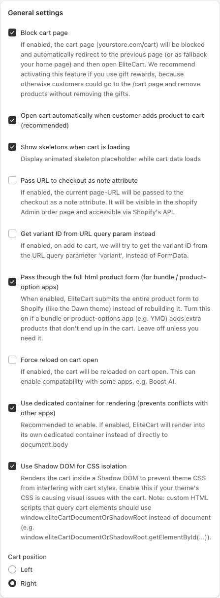 General settings card under Cart designer, Other, Advanced, with Block cart page, Open cart automatically, Show skeletons, Pass URL to checkout, Get variant ID from URL, Pass through the full html product form, Force reload on cart open, Use dedicated container, Use Shadow DOM for CSS isolation and Cart position (Left or Right).