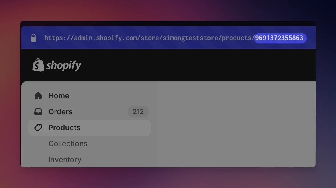 Shopify admin product page with the product ID at the end of the URL in the address bar