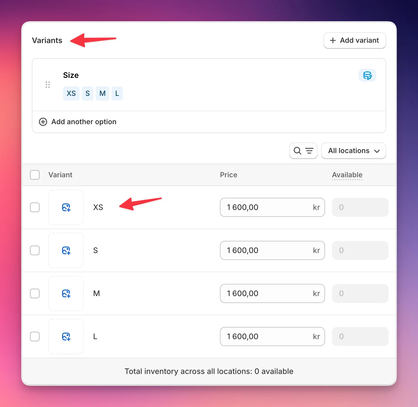 Variants section of a Shopify product with several size variants listed