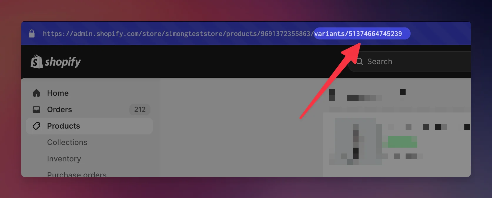 Address bar of a Shopify variant page, with the variant ID after variants/