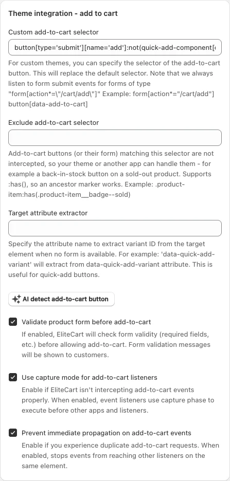 Theme integration - add to cart card with Validate product form before add-to-cart ticked.