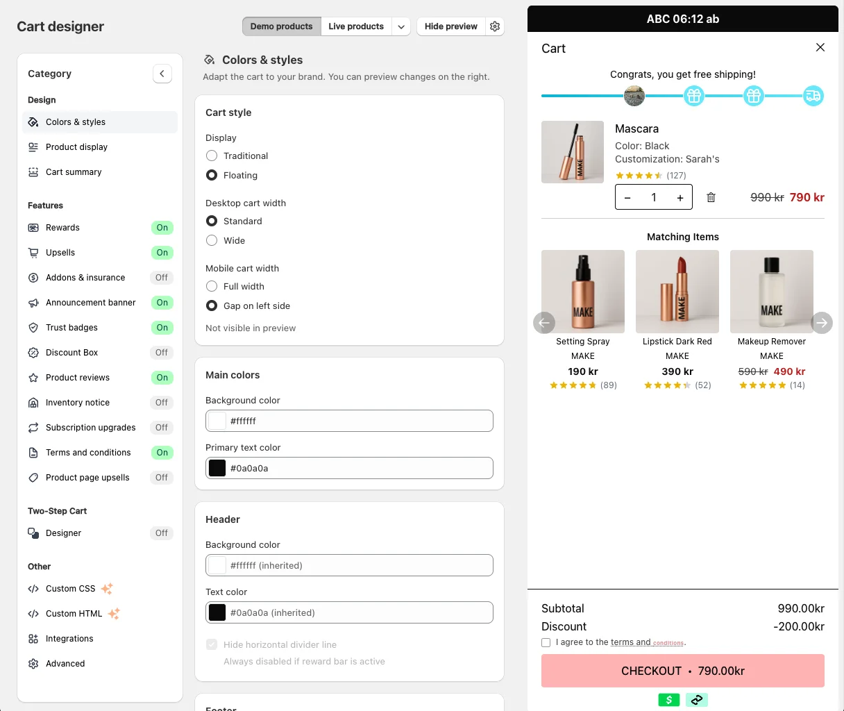 The Cart designer with the section list on the left (Design, Features, Two-Step Cart and Other groups), the Colors & styles settings in the middle and the live cart preview on the right. Demo products and Live products buttons sit at the top.