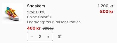 Line item with quantity 2, the unit price 400 kr under the title and the line total 800 kr on the right