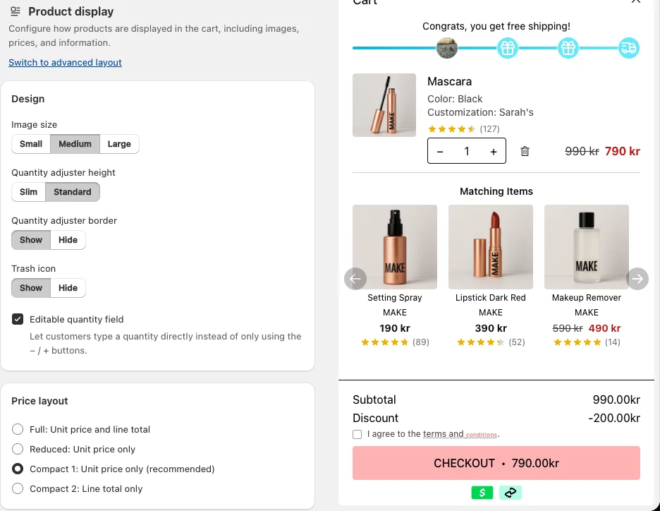 Product display section with the Design card (Image size, Quantity adjuster height and border, Trash icon, Editable quantity field) and the Price layout card, next to a cart preview showing a line item.