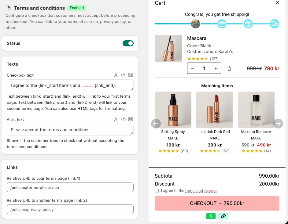 Terms and conditions section with Status on, the Texts card (Checkbox text with link placeholders, Alert text) and the Links card, next to the cart preview with the I agree to the terms and conditions checkbox above the checkout button.