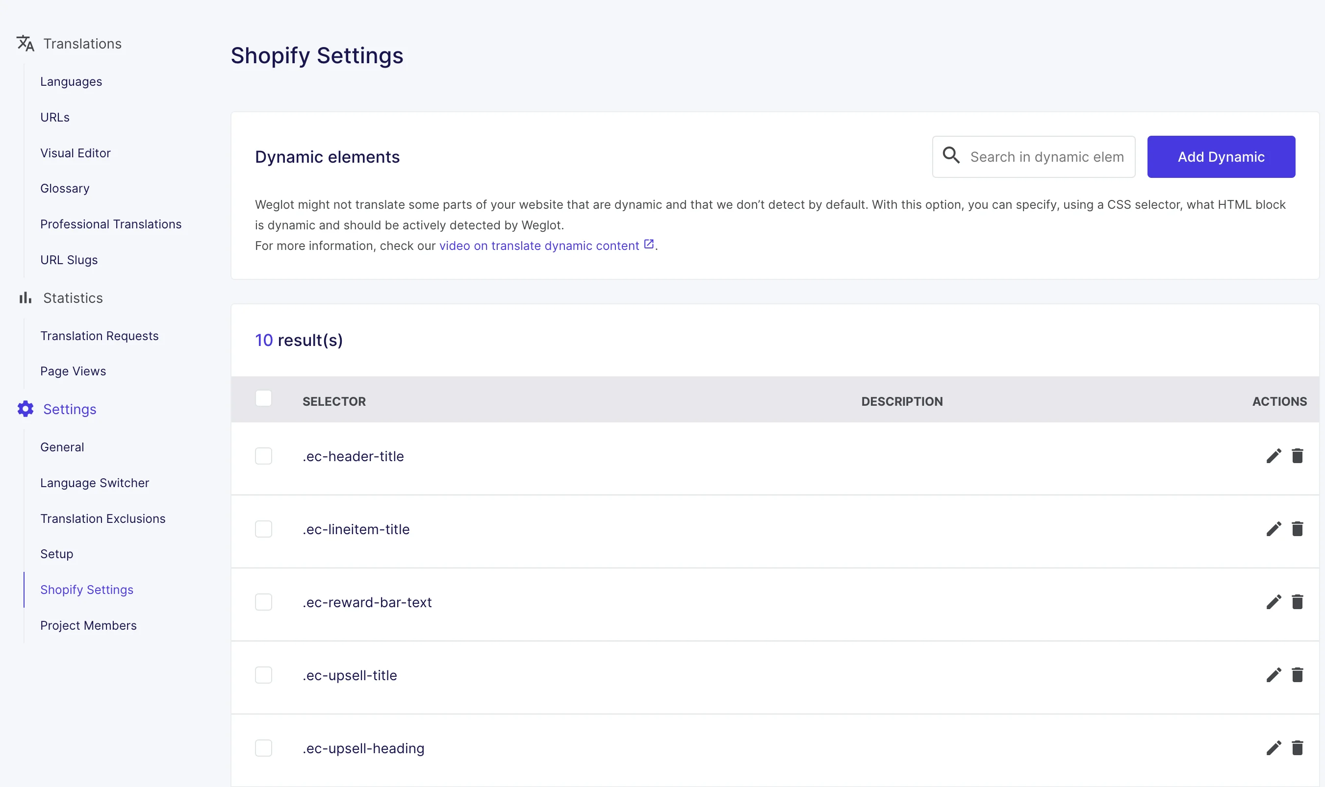 Weglot dynamic elements settings with EliteCart class names added