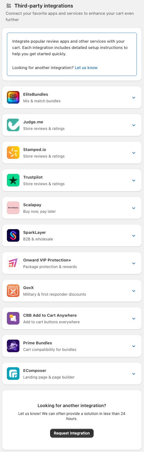 The Third-party integrations page under Cart designer, Other, Integrations, with cards for EliteBundles, Judge.me, Stamped.io, Trustpilot, Scalapay, SparkLayer, Onward VIP Protection+, GovX, CBB Add to Cart Anywhere, Prime Bundles and EComposer, and the Looking for another integration? box with the Request integration button.