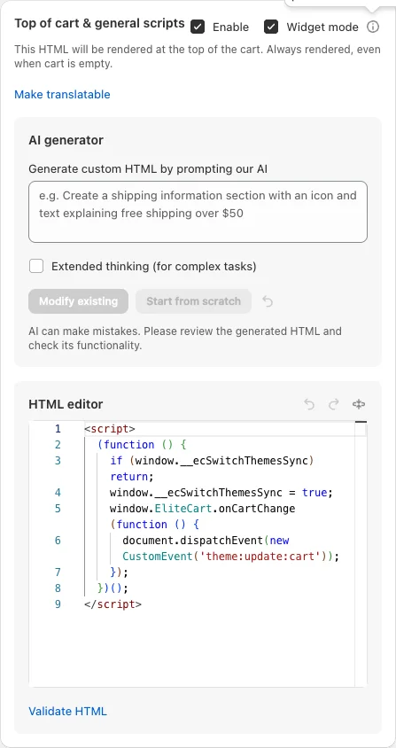 Top of cart & general scripts card with Enable ticked and the SwitchThemes cart sync script in the HTML editor.