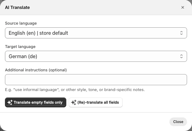 AI Translate window with Source language English (en) | store default, Target language German (de), Additional instructions (optional), the Translate empty fields only and (Re)-translate all fields buttons, and Close.