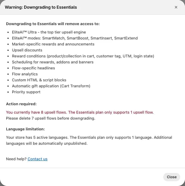 Warning: Downgrading to Essentials window listing the features that will be removed, an Action required section (8 upsell flows, Essentials supports 1, delete 7 before downgrading), a Language limitation note and a Close button.