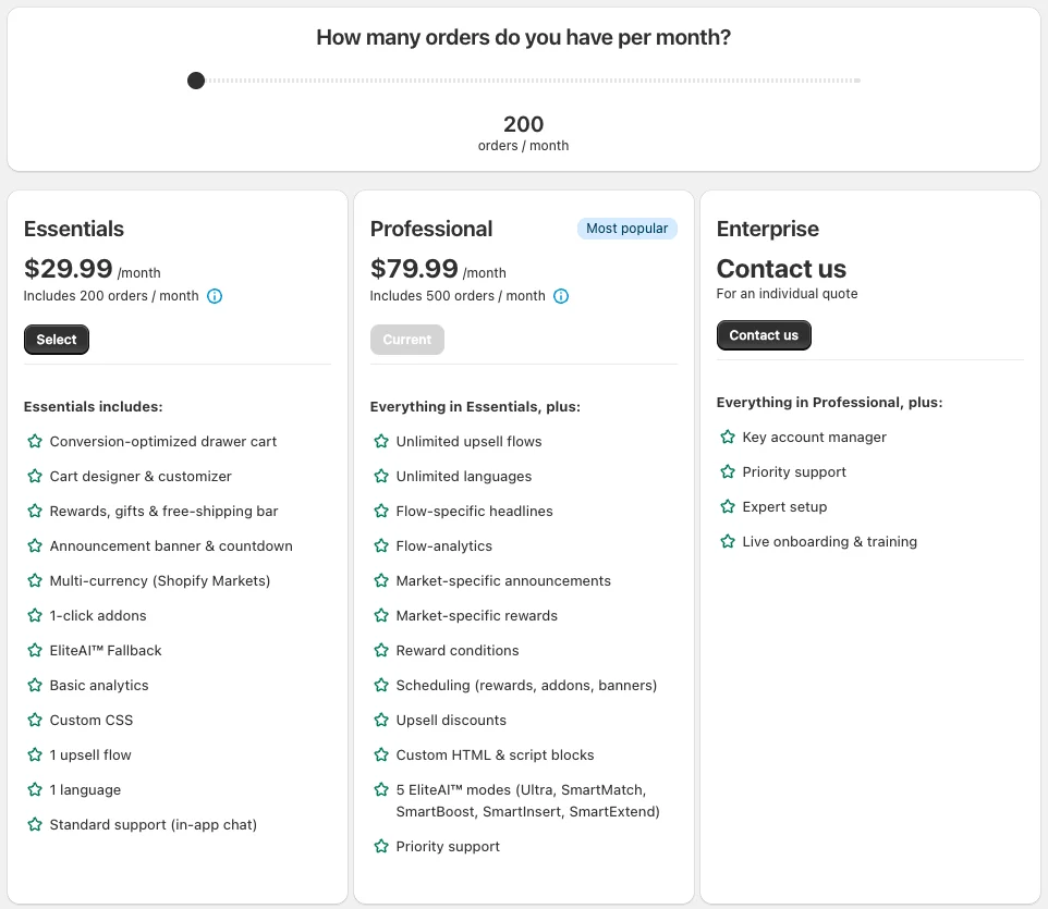 Plans page with the How many orders do you have per month? slider set to 200 orders / month and three plan cards: Essentials 29.99 dollars per month (Includes 200 orders / month, Select), Professional 79.99 dollars (Includes 500 orders / month, Current, Most popular) and Enterprise (Contact us), each with its feature list.