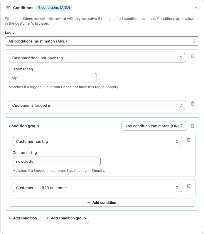 Expanded Conditions card with Logic All conditions must match (AND), two conditions (Customer does not have tag vip, Customer is logged in) and a condition group set to Any condition can match (OR) holding Customer has tag newsletter and Customer is a B2B customer.