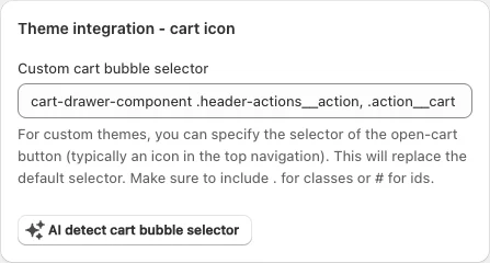 Theme integration - cart icon card with the Custom cart bubble selector field and the AI detect cart bubble selector button.