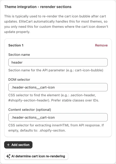 Theme integration - rerender sections card with Section 1 filled in (Section name header, DOM selector and Content selector .header-actions__cart-icon), the Add section button and the AI determine cart icon re-rendering button.