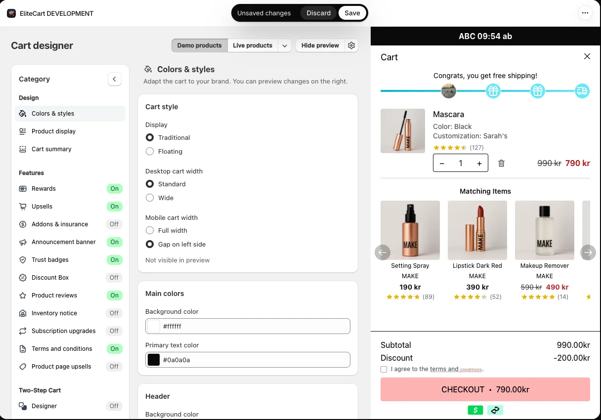 Cart designer with an unsaved change: the Unsaved changes bar with Discard and Save at the top of the admin, the Demo products, Live products and Hide preview controls, and the cart preview on the right.