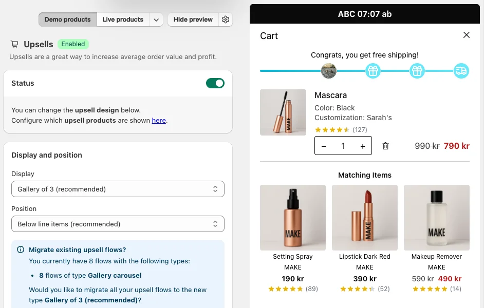 Upsells section of the Cart designer with Status on and the Display and position card set to Gallery of 3 (recommended) and Below line items (recommended), next to a cart preview with three upsell products side by side.