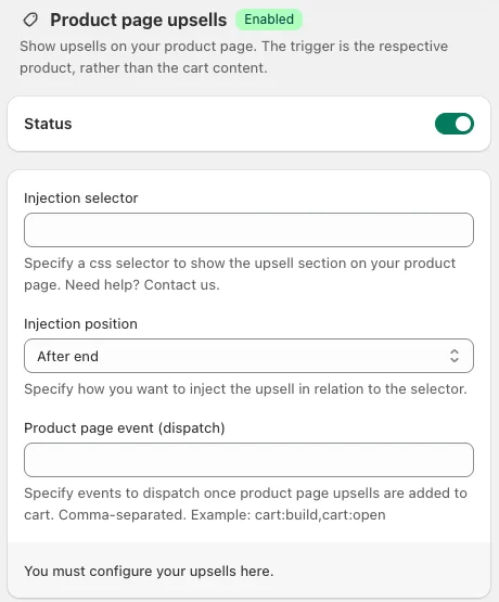 Product page upsells section with Status on and the Injection selector, Injection position (After end) and Product page event (dispatch) fields.