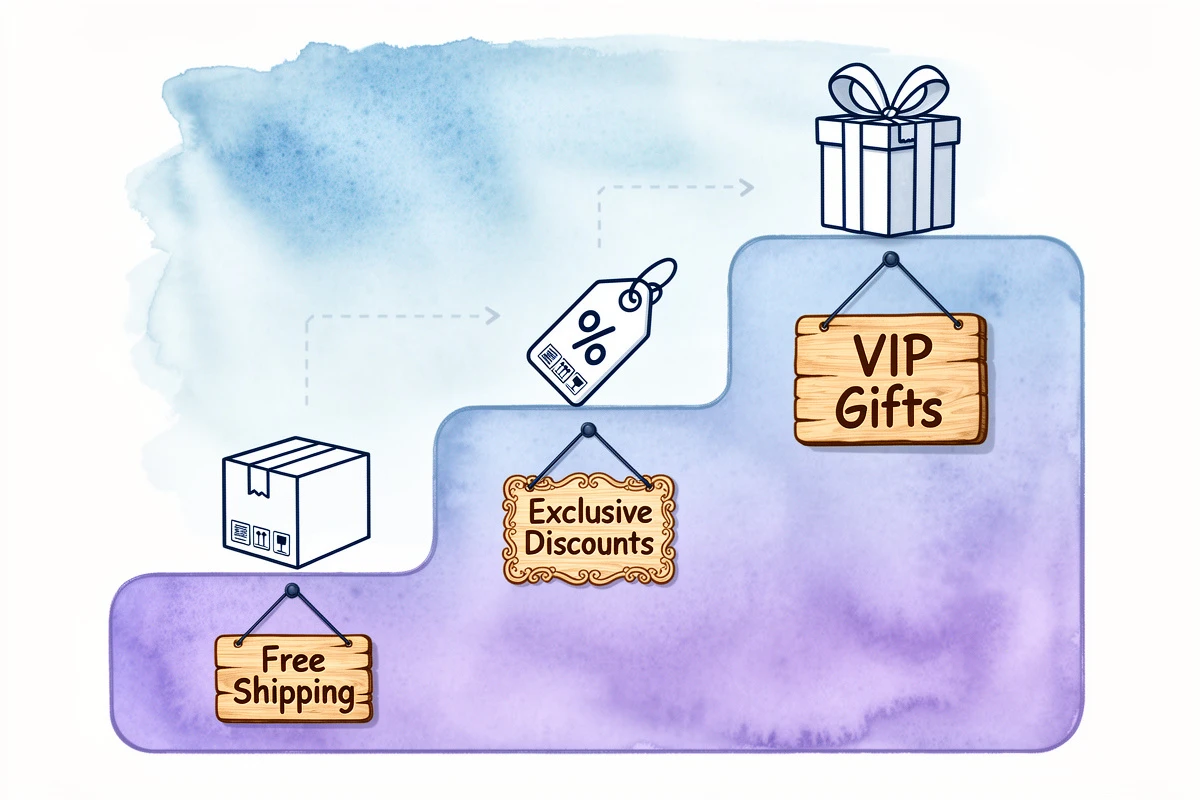Illustration of a tiered reward ladder with shipping, discount, and gift milestones