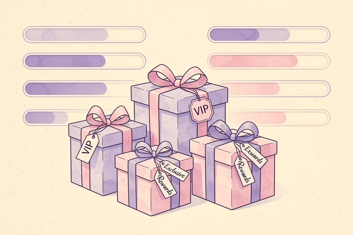 Illustration of exclusive gift boxes with VIP tags and reward progress bars