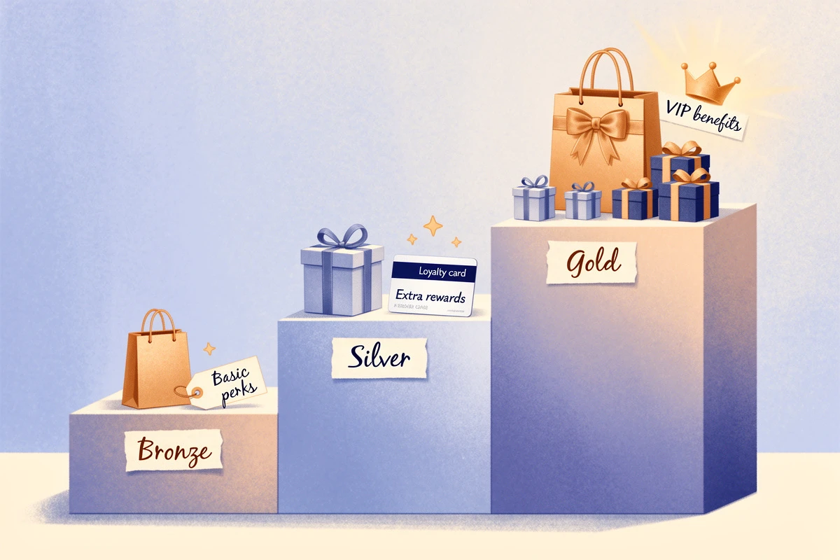 Illustration of a bronze, silver, and gold VIP loyalty tier ladder with escalating shopping rewards