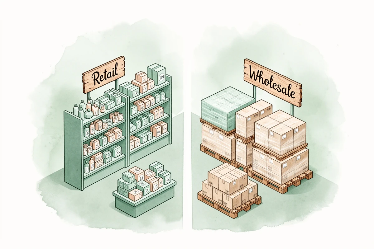 Two parallel paths in a warehouse, one for retail packages and one for wholesale pallets, isometric business illustration
