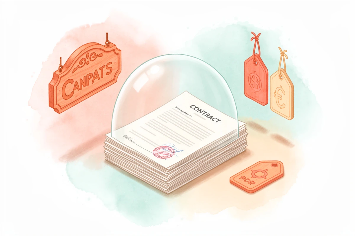 A protective shield over a stack of business contracts and price agreements, soft isometric illustration