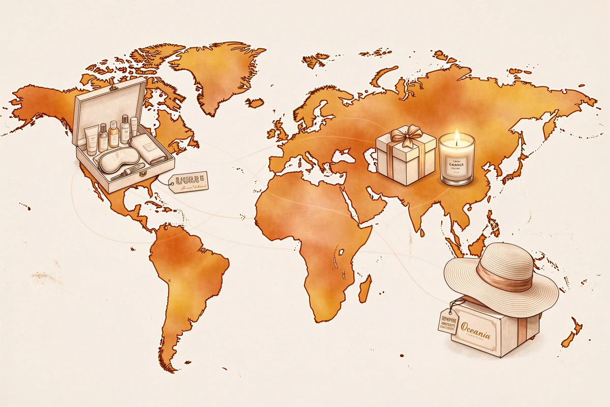Illustrated world map highlighting different regional gift boxes for a multi-market free gift with purchase campaign