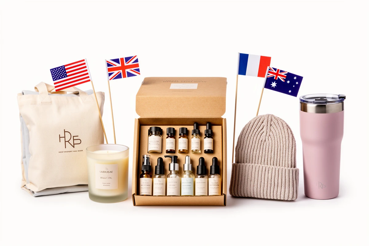 Assortment of region-specific free gift products including travel beauty serums, scented candle, tote bag, wool beanie, and reusable tumbler styled for international Shopify promotions