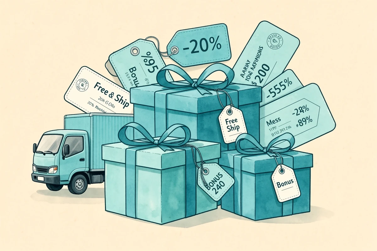 Abstract illustration of layered promotional rewards with holiday gift, shipping, and discount elements