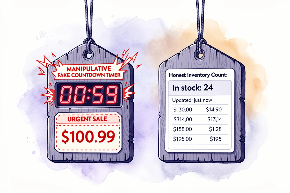 Illustration showing the contrast between authentic and manufactured urgency signals in online shopping