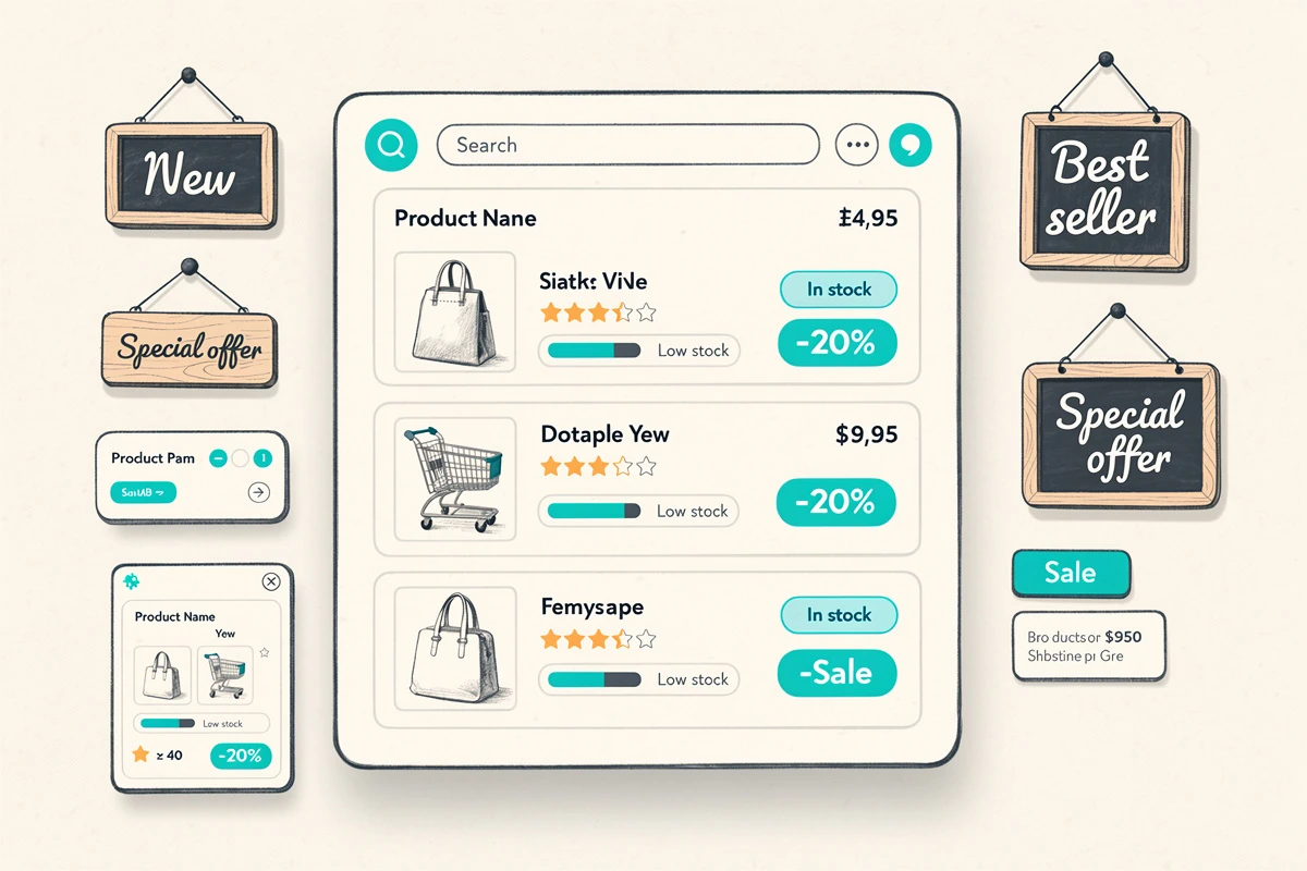 Illustration of a dynamic cart showing live product data like reviews, stock levels, and savings