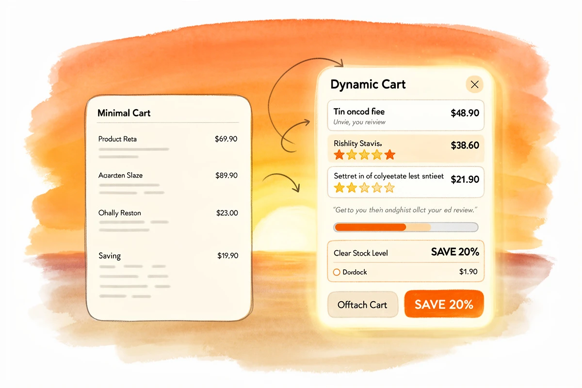 Abstract illustration showing the contrast between a static cart and a data-rich dynamic cart experience