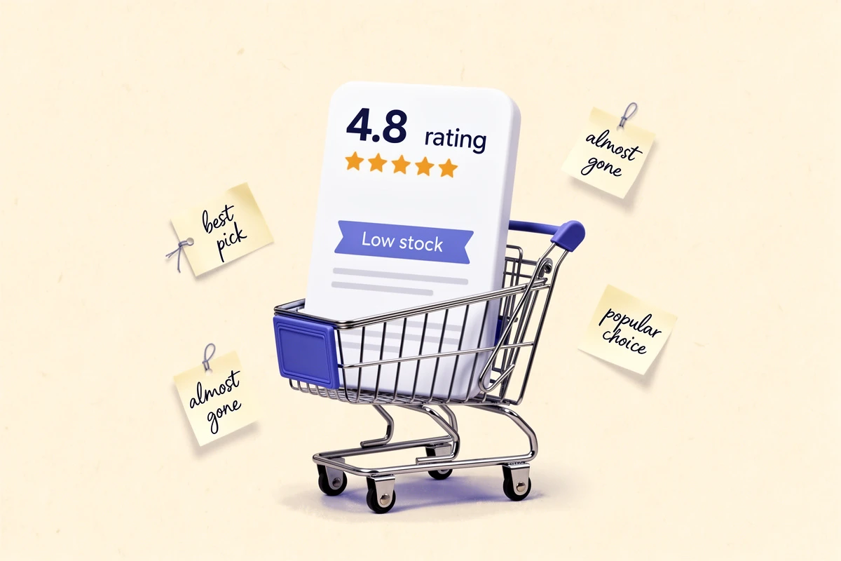 Illustration of social proof and scarcity signals working together on a product card in an online cart