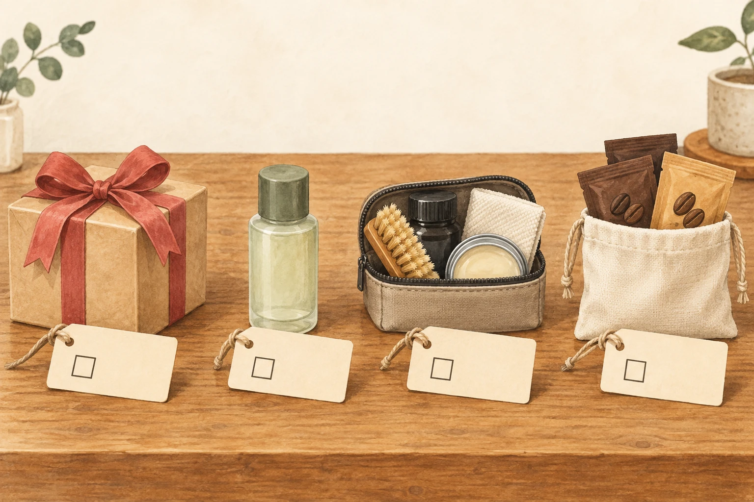 Order-Bump-Beispiele auf einem Tisch, darunter Geschenkverpackung, eine Reisegröße und ein Pflegeset